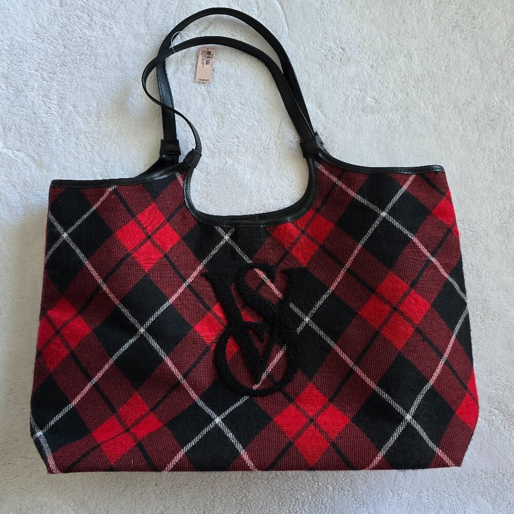 NWT Victoria's Secret Red/Black Tartan Plaid Magnetic Closure Shoulder Tote Bag